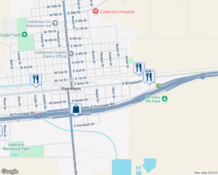 map of restaurants, bars, coffee shops, grocery stores, and more near 301-307 Olive Street in Van Horn