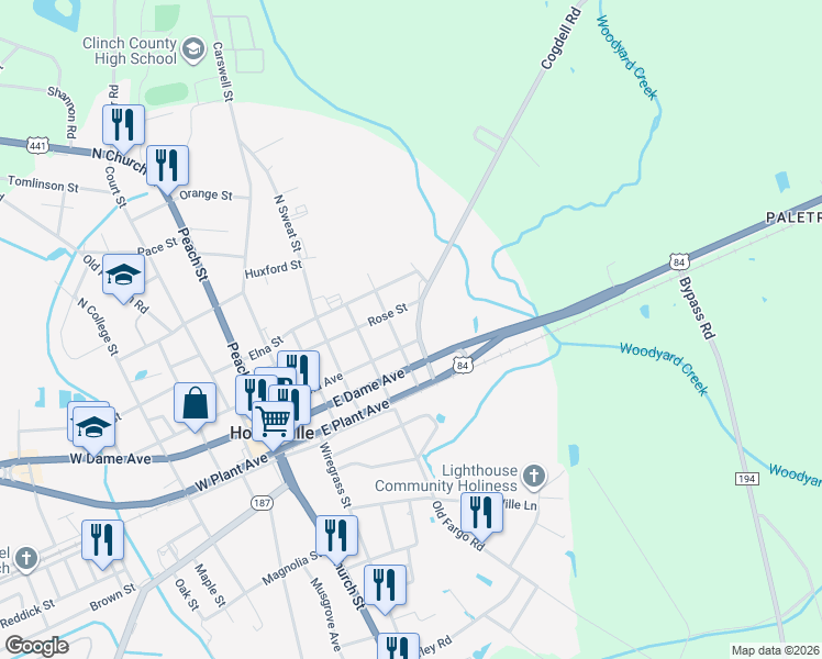 map of restaurants, bars, coffee shops, grocery stores, and more near 5 Frank S Sessoms Memorial Highway in Homerville