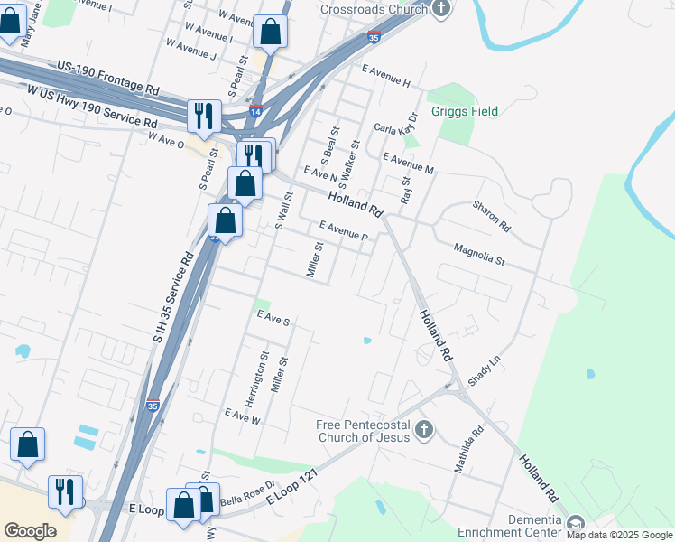 map of restaurants, bars, coffee shops, grocery stores, and more near 109 East Avenue R in Belton
