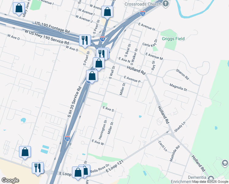 map of restaurants, bars, coffee shops, grocery stores, and more near 1622 South Wall Street in Belton