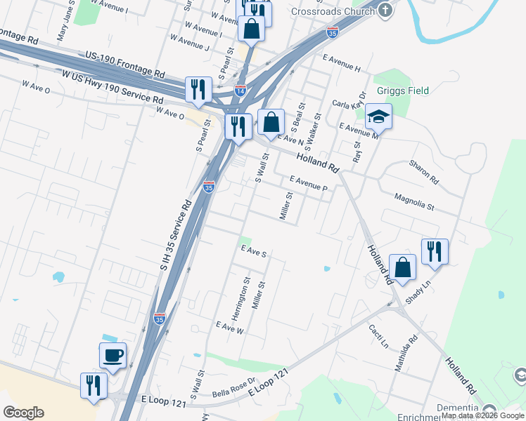 map of restaurants, bars, coffee shops, grocery stores, and more near 1622 South Wall Street in Belton