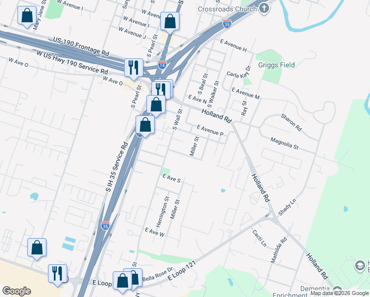 map of restaurants, bars, coffee shops, grocery stores, and more near 1622 South Wall Street in Belton