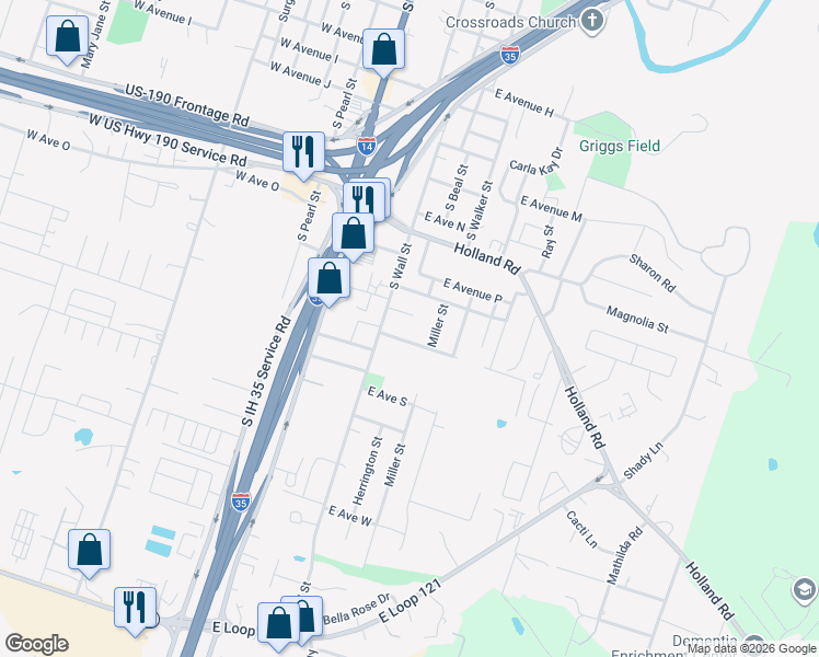 map of restaurants, bars, coffee shops, grocery stores, and more near 1622 South Wall Street in Belton