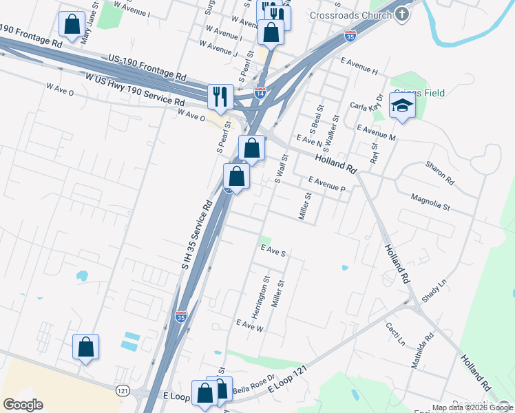 map of restaurants, bars, coffee shops, grocery stores, and more near 1609 South Wall Street in Belton