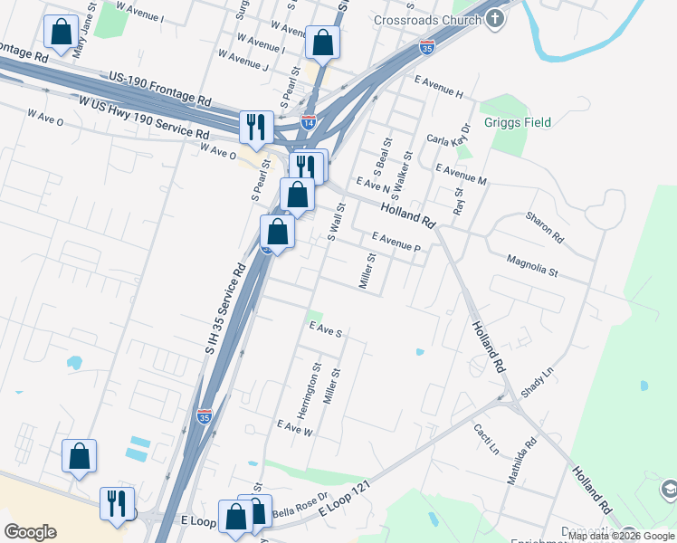 map of restaurants, bars, coffee shops, grocery stores, and more near 1622 South Wall Street in Belton