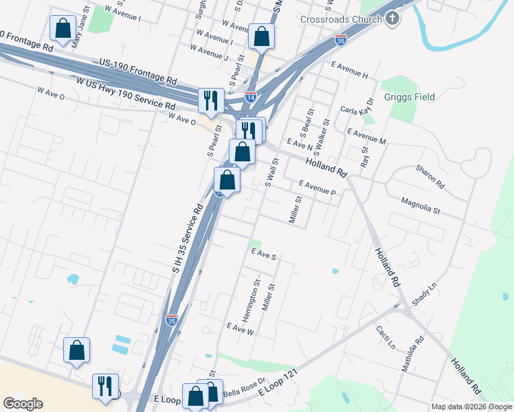 map of restaurants, bars, coffee shops, grocery stores, and more near 1609 South Wall Street in Belton