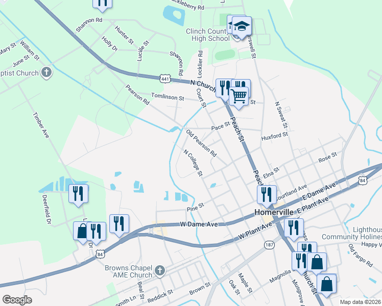 map of restaurants, bars, coffee shops, grocery stores, and more near 161 Old Pearson Road in Homerville