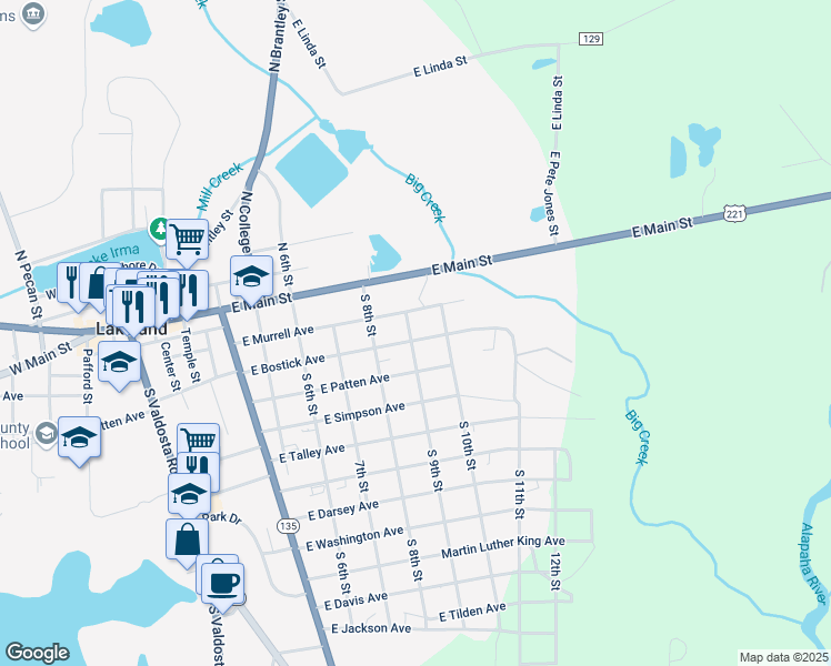 map of restaurants, bars, coffee shops, grocery stores, and more near 5 South 9th Street in Lakeland