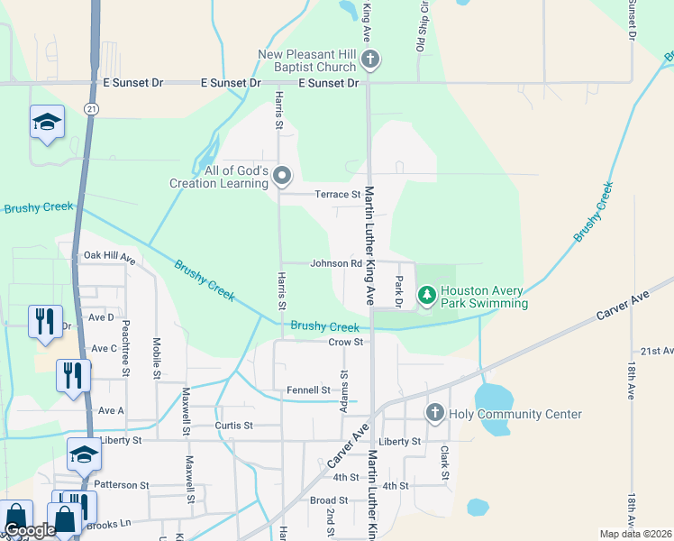map of restaurants, bars, coffee shops, grocery stores, and more near 706 Johnson Road in Atmore
