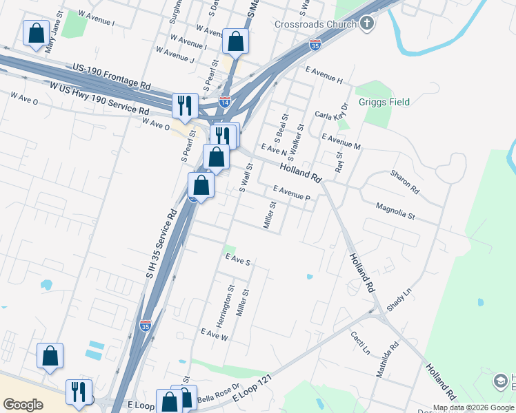 map of restaurants, bars, coffee shops, grocery stores, and more near 1622 South Wall Street in Belton