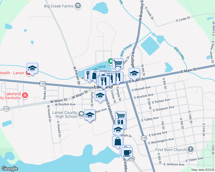 map of restaurants, bars, coffee shops, grocery stores, and more near 149 East Main Street in Lakeland