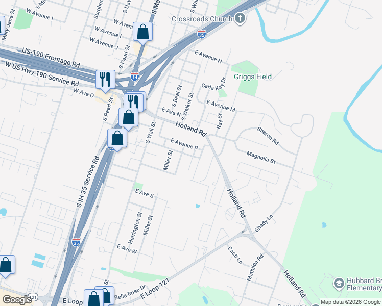 map of restaurants, bars, coffee shops, grocery stores, and more near 614 East Avenue Q in Belton