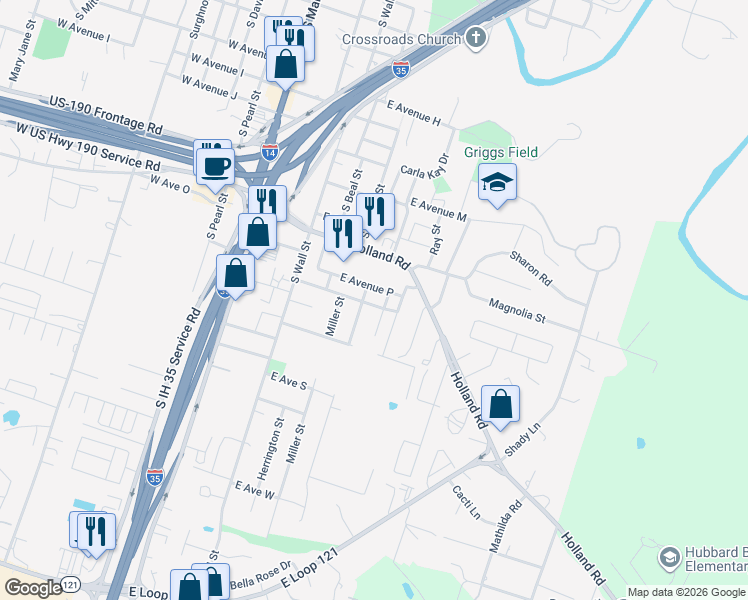 map of restaurants, bars, coffee shops, grocery stores, and more near 614 East Avenue Q in Belton