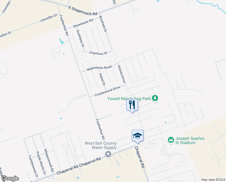map of restaurants, bars, coffee shops, grocery stores, and more near 3308 Cricklewood Drive in Killeen