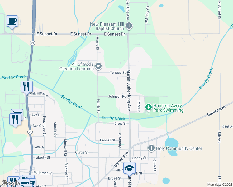 map of restaurants, bars, coffee shops, grocery stores, and more near 706 Johnson Street in Atmore