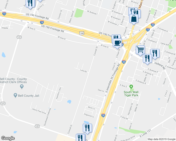 map of restaurants, bars, coffee shops, grocery stores, and more near 1651 South Connell Street in Belton