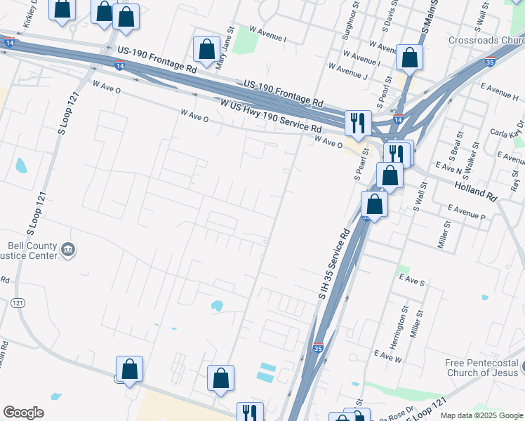 map of restaurants, bars, coffee shops, grocery stores, and more near 1560 Brady Way in Belton