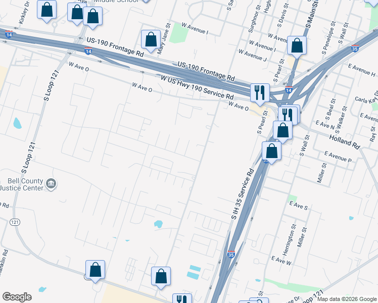 map of restaurants, bars, coffee shops, grocery stores, and more near 1560 Brady Way in Belton