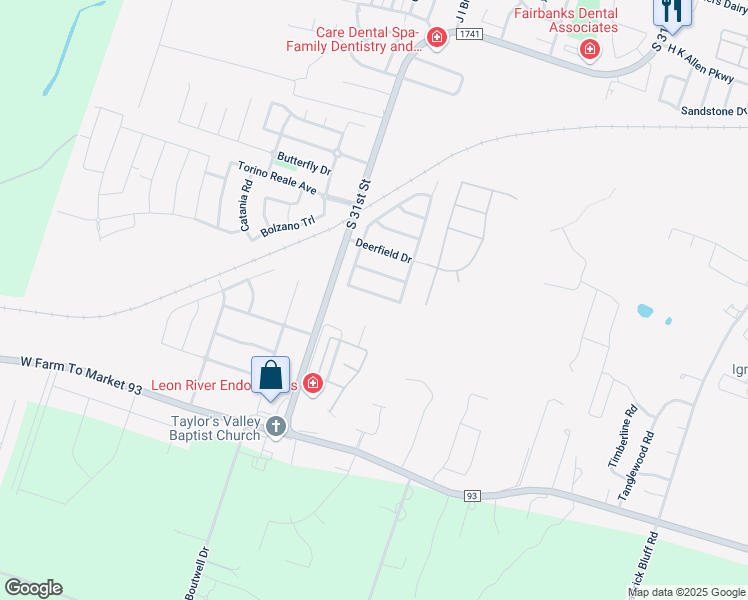 map of restaurants, bars, coffee shops, grocery stores, and more near 2303 Fox Glen Lane in Temple