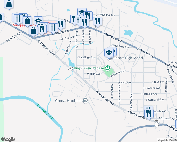 map of restaurants, bars, coffee shops, grocery stores, and more near 405 North Morris Street in Geneva