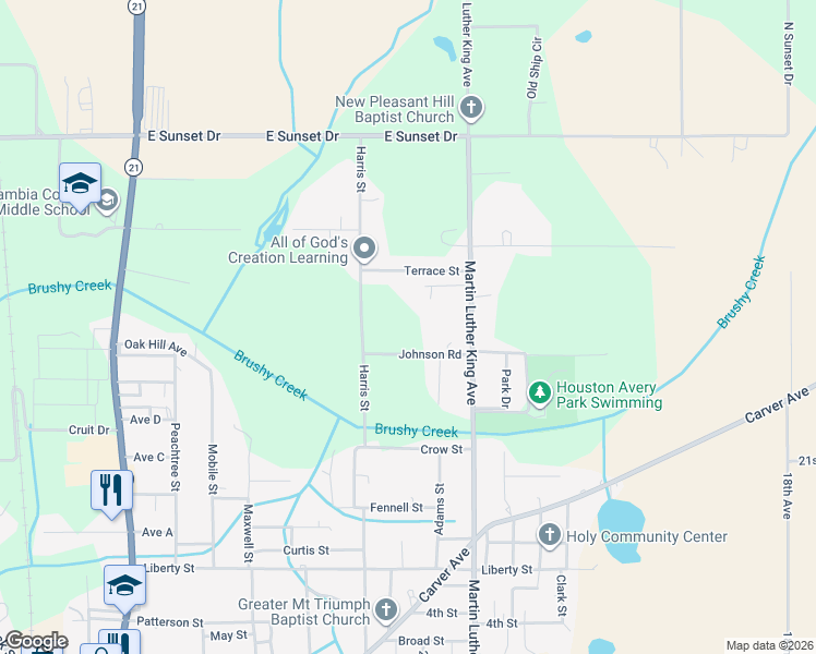 map of restaurants, bars, coffee shops, grocery stores, and more near 2033 Harris Street in Atmore