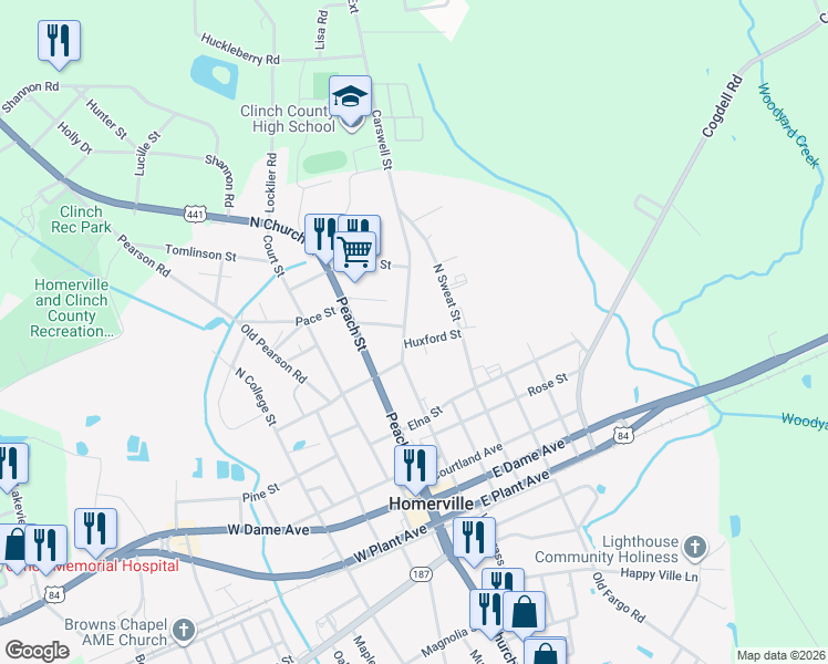map of restaurants, bars, coffee shops, grocery stores, and more near 706B Carswell Street in Homerville
