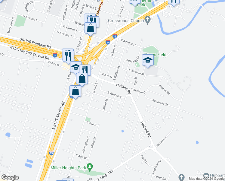 map of restaurants, bars, coffee shops, grocery stores, and more near 514 East Avenue P in Belton