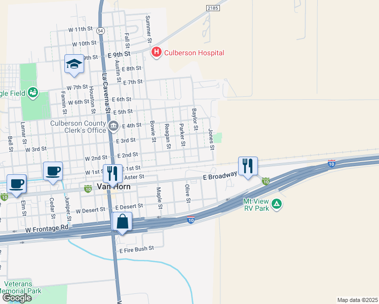 map of restaurants, bars, coffee shops, grocery stores, and more near 600 East 2nd Street in Van Horn