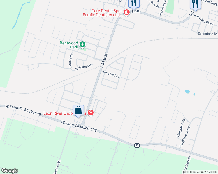 map of restaurants, bars, coffee shops, grocery stores, and more near 2307 Fox Glen Lane in Temple