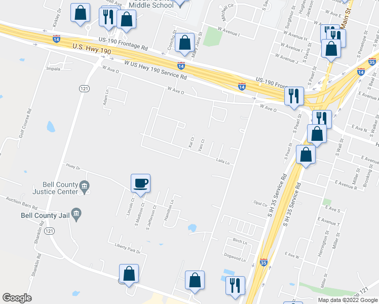 map of restaurants, bars, coffee shops, grocery stores, and more near 1011 Laila Lane in Belton