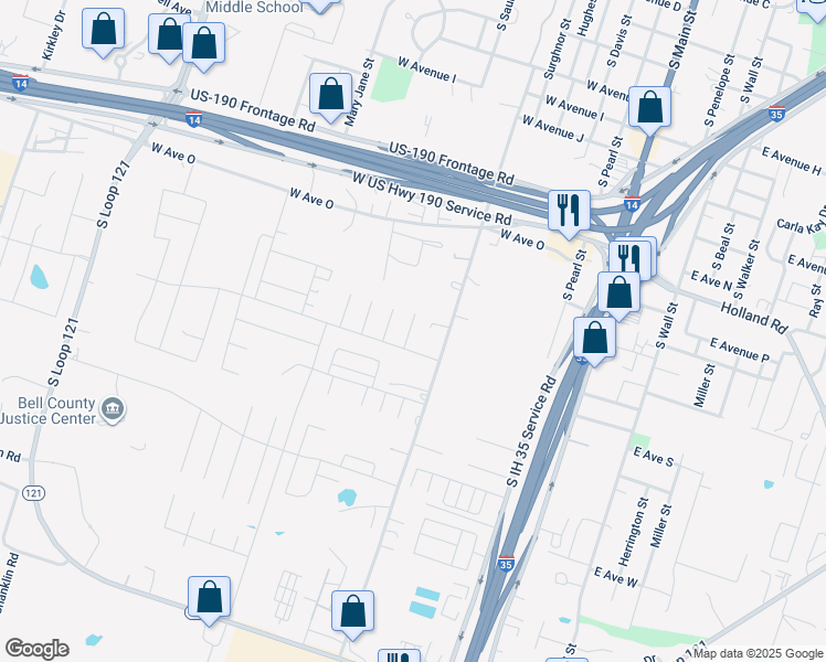 map of restaurants, bars, coffee shops, grocery stores, and more near 1560 Brady Way in Belton