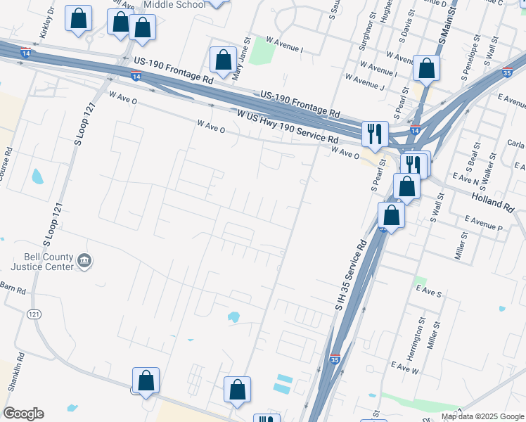 map of restaurants, bars, coffee shops, grocery stores, and more near 1560 Brady Way in Belton