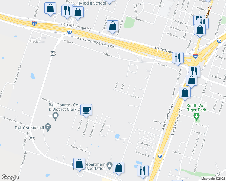 map of restaurants, bars, coffee shops, grocery stores, and more near 1011 Laila Lane in Belton