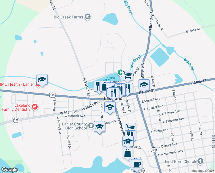 map of restaurants, bars, coffee shops, grocery stores, and more near 36 West South Lakeshore Drive in Lakeland