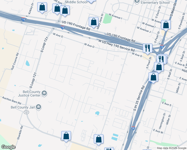 map of restaurants, bars, coffee shops, grocery stores, and more near 1013 Laila Lane in Belton