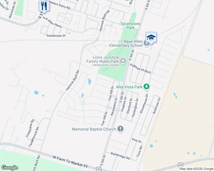 map of restaurants, bars, coffee shops, grocery stores, and more near 420 Dandridge Drive in Temple
