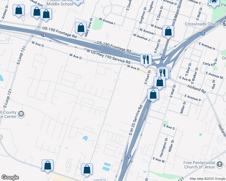 map of restaurants, bars, coffee shops, grocery stores, and more near 1651 South Connell Street in Belton