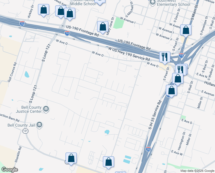map of restaurants, bars, coffee shops, grocery stores, and more near 1011 Laila Lane in Belton