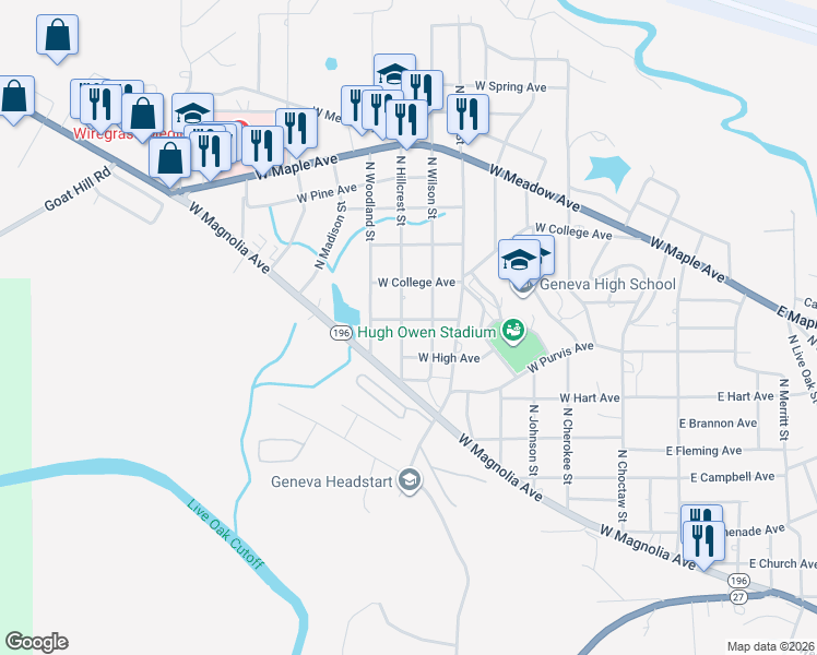 map of restaurants, bars, coffee shops, grocery stores, and more near 405 North Morris Street in Geneva