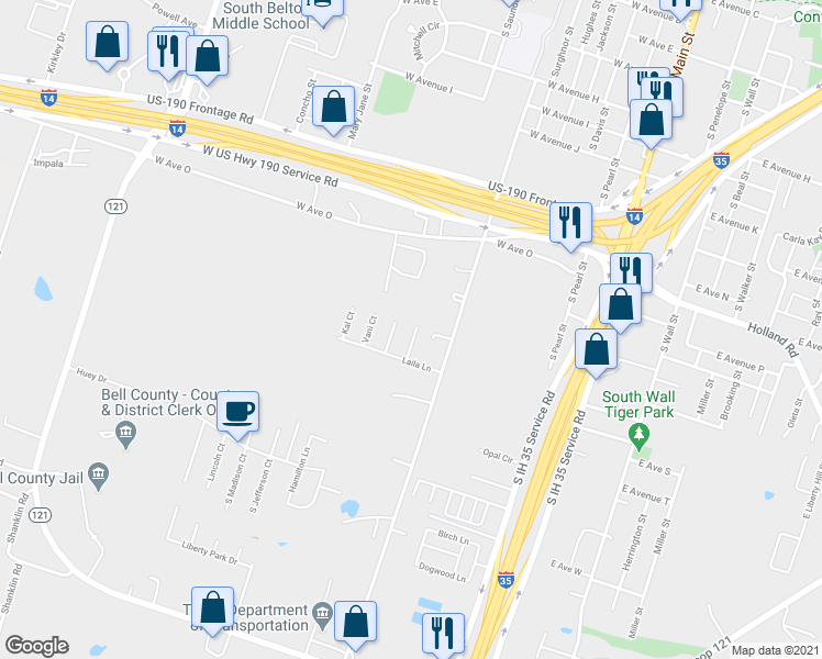 map of restaurants, bars, coffee shops, grocery stores, and more near 1560 Brady Way in Belton