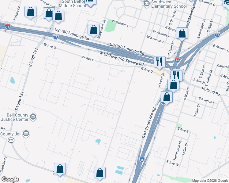 map of restaurants, bars, coffee shops, grocery stores, and more near 1560 Brady Way in Belton