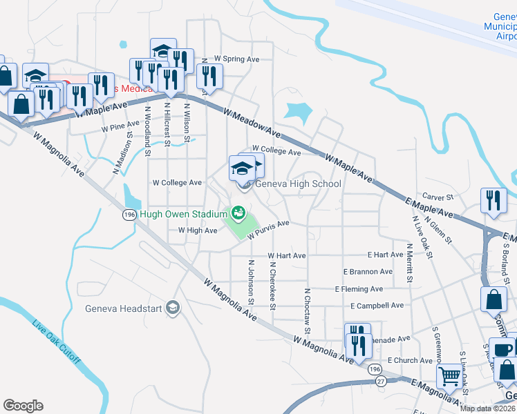 map of restaurants, bars, coffee shops, grocery stores, and more near 100 N Johnson St in Geneva