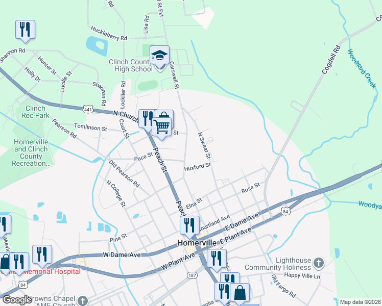 map of restaurants, bars, coffee shops, grocery stores, and more near 706B Carswell Street in Homerville