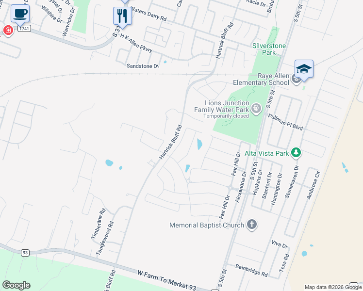 map of restaurants, bars, coffee shops, grocery stores, and more near 5723 Blackstone Drive in Temple