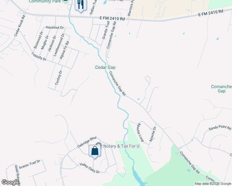 map of restaurants, bars, coffee shops, grocery stores, and more near 2750 Comanche Gap Road in Harker Heights