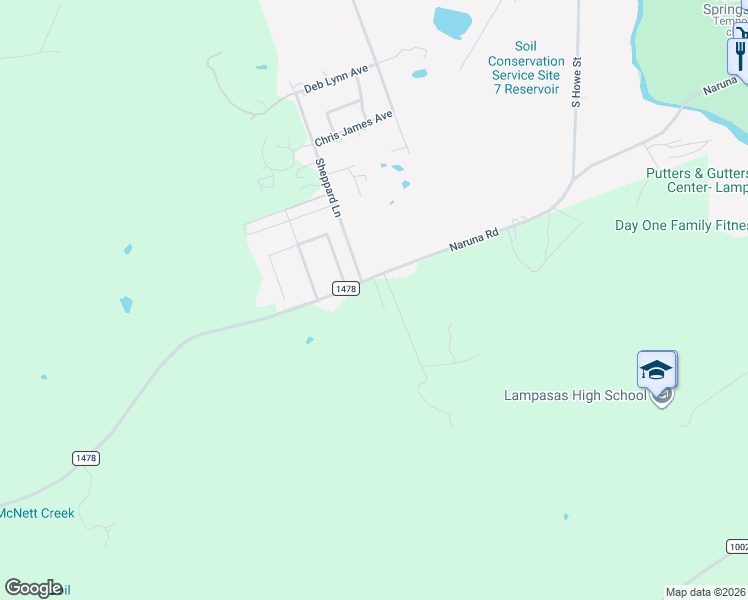 map of restaurants, bars, coffee shops, grocery stores, and more near 1610 Badger Lane in Lampasas