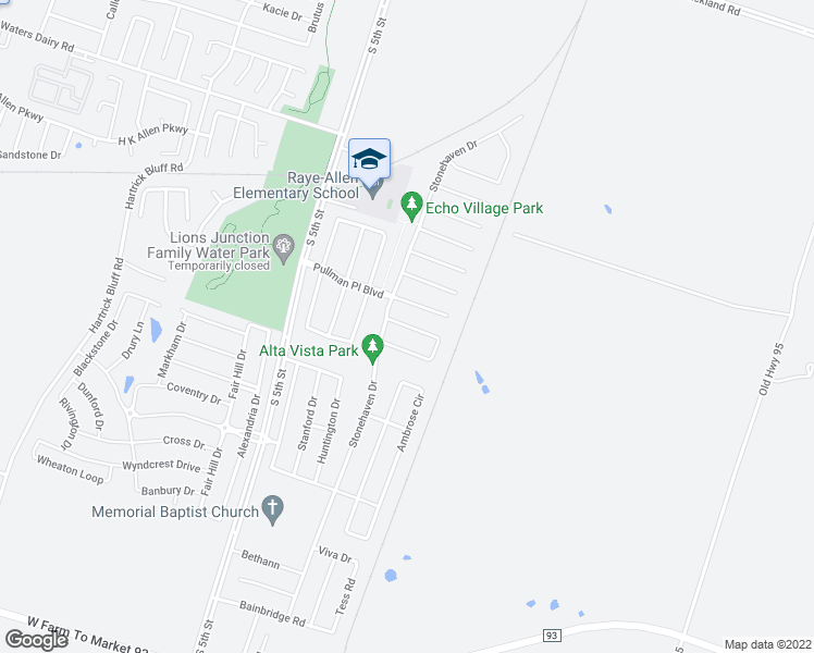 map of restaurants, bars, coffee shops, grocery stores, and more near Bashaw Loop in Temple