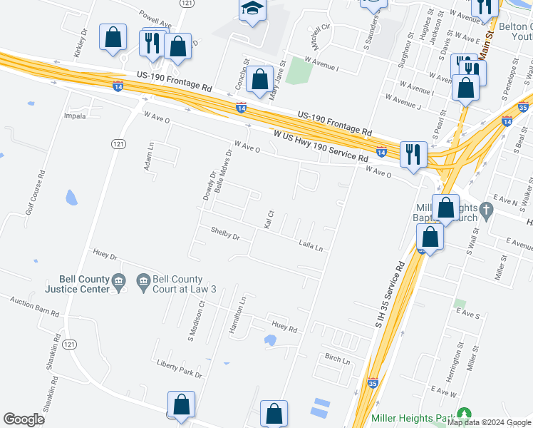 map of restaurants, bars, coffee shops, grocery stores, and more near 1548 Kal Court in Belton