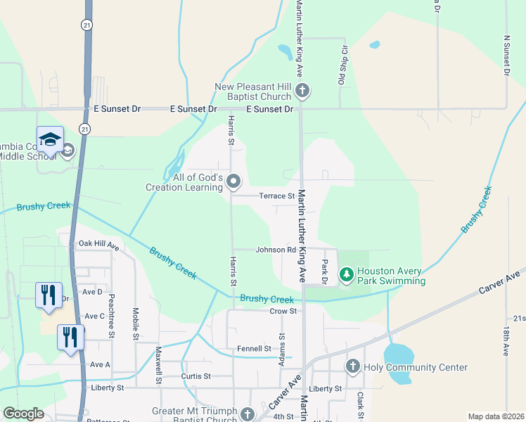 map of restaurants, bars, coffee shops, grocery stores, and more near 118 Terrace Street in Atmore
