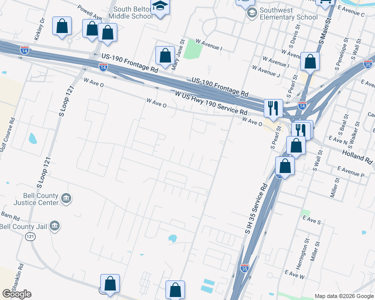 map of restaurants, bars, coffee shops, grocery stores, and more near 1512 Vani Court in Belton